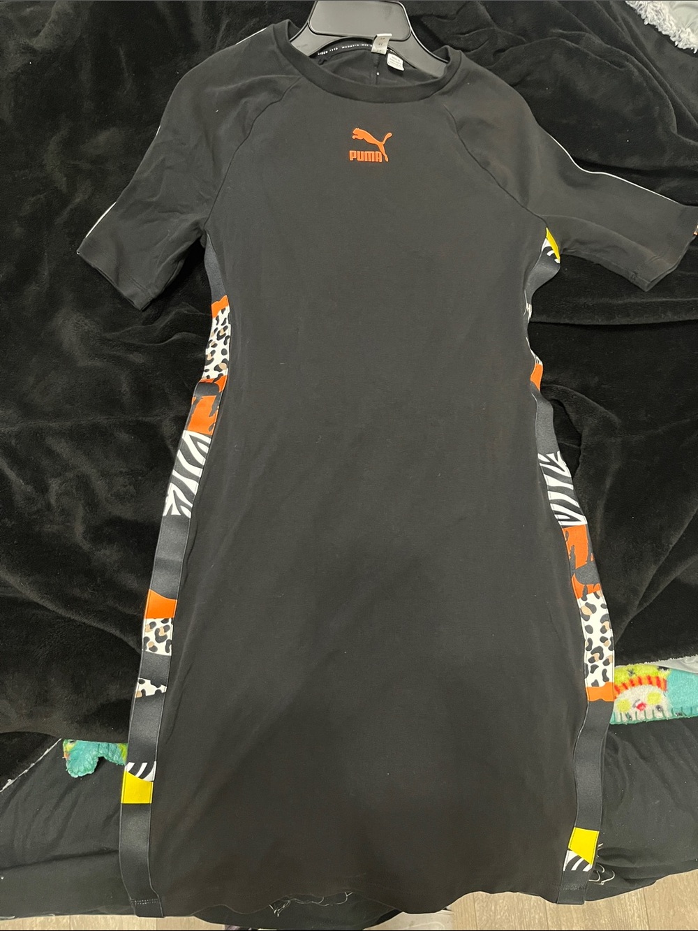 Puma Black Mini Dress with Orange Logo and Animal-Print Side Panels
